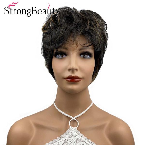 

strongbeauty short wavy wigs highlight strawberry blonde wig women synthetic hair heat ok, Black