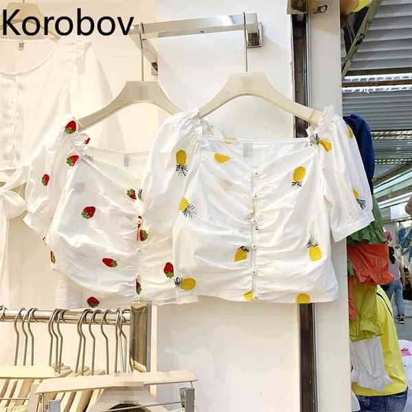 

korobov spring summer new arrival shirts korean sweet print women blouses vintage elegant square collar blusas mujer 210430, White