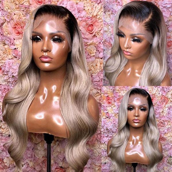 

lace wigs ombre colored frontal color 60 platinum blonde wavy 13x4 front wig full density human hair body wave, Black;brown