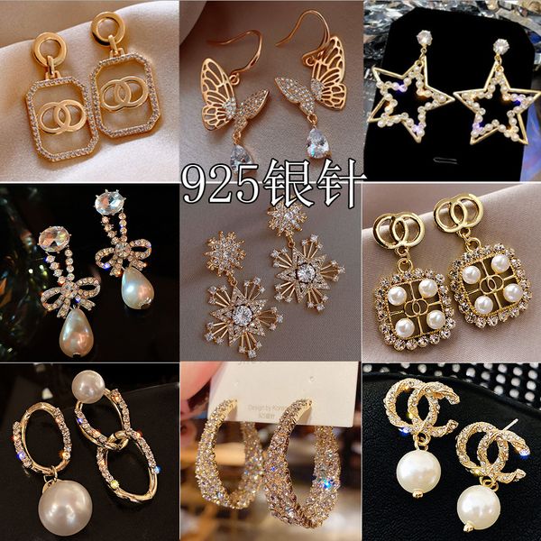 

925 silver needle hoop earrings korean temperament ladies huggie full diamond geometry circle european and american wild c-shaped jewelry wi, Golden;silver