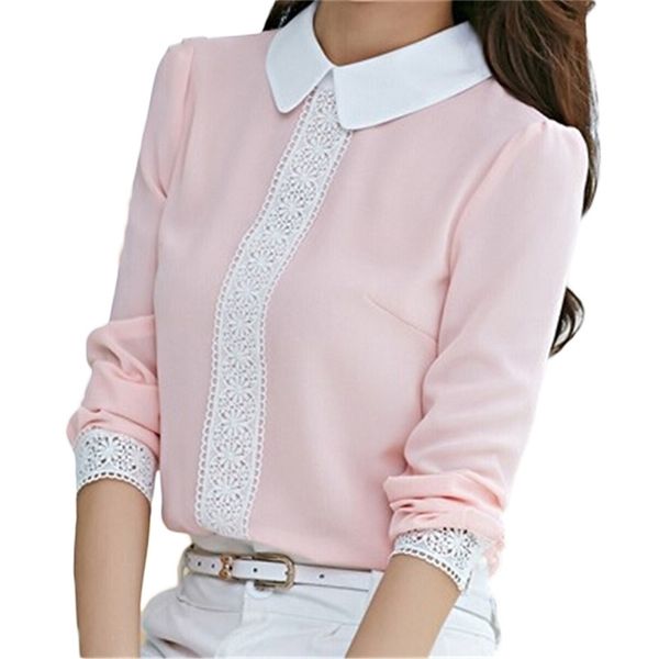 Laço Crochet Mulheres Blusa Cor-de-rosa Chiffon Camisa Fina Peter Pan Collar Manga Longa Tops Pulôver Blusa Renda T74706 210421