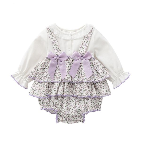 

baby purple floral rompers toddler girls 1st birthday party outfits infant vintage spain jumpsuit born bow lace 210826, Blue