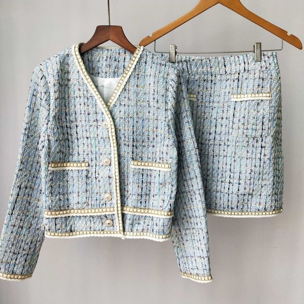 

shipping 2021 autumn blue metal buttons striped solid embroidery women's two pieces sets brand same style two piece dress dh02502, White