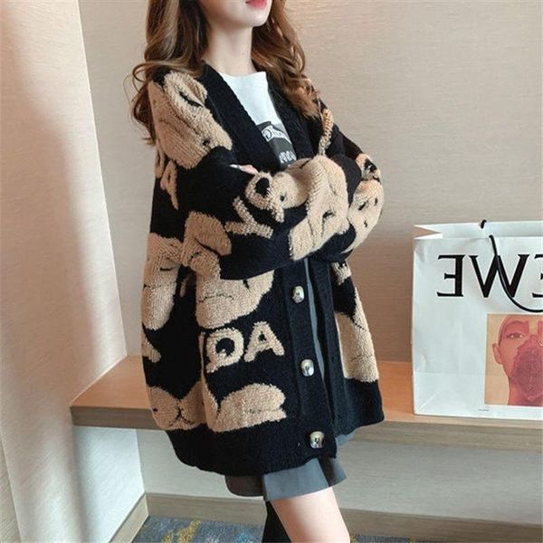 

women's knits & tees autumn winter female cardigan loose streetwear knit sweater coat cute cartoon print v neck knitted women jacket e0, White