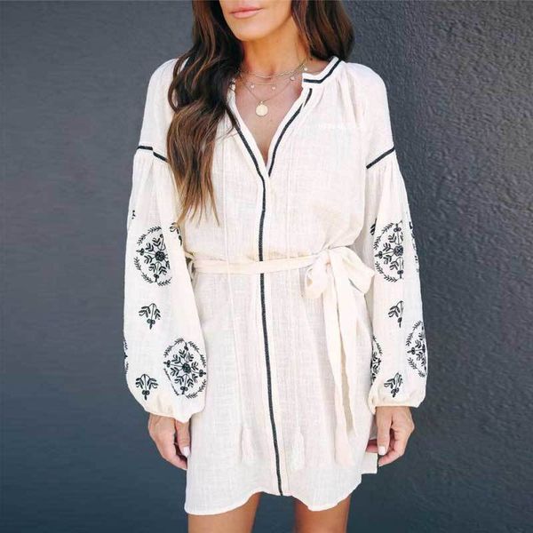 

inspired white embroidery for women long sleeve mini belt tie plus size bohemian spring summer dress 210412, Black;gray
