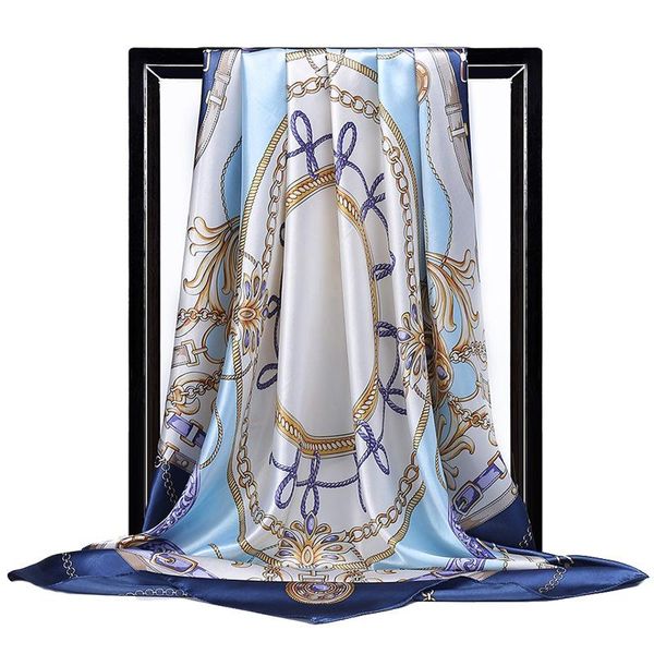 

scarves 2021 summer floral print silk satin hijab scarf for women square shawls and wraps female 90x90cm neckerchief ladies, Blue;gray