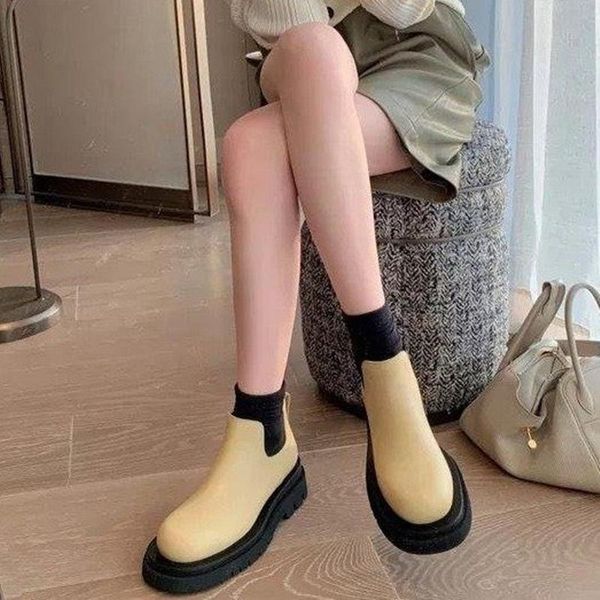 

boots smoke tube women autumn all-match british style thin round toe thick bottom short, Black