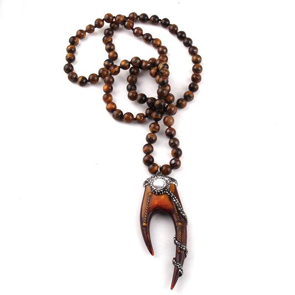 

pendant necklaces moodpc fashion bohemian jewelry 8mm bead stones long knotted handmade paved teeth for women, Silver