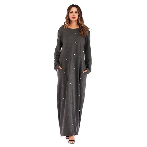 

casual dresses wepbel full sleeve ankle length fashion women beading dress round neck loose cotton beaded, Black;gray