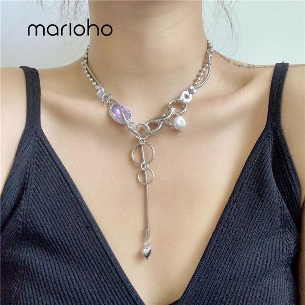 

marioho independent design crystal glass ball circle geometric necklace fashion stitching metal clavicle chain jewelry pendant necklaces, Silver