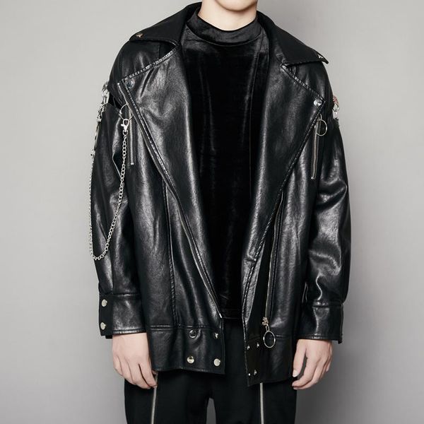 

men's fur & faux clothing fashion original punk hip hop acid rock high street heavy industry chain riding pu leather jacket, Black