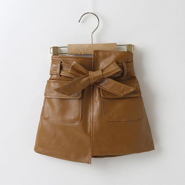 

shorts 2-6 years old kids girls pu leather skirts children's fashion cool clothing baby girl solid short bow sashes, Black