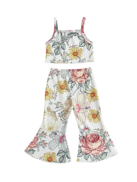 18M-6Y Toddler Kid Baby Girl Clothes Set Flower Vest Top Flare Pants Summer Children Outfits Beach Holiday Costumes 210515