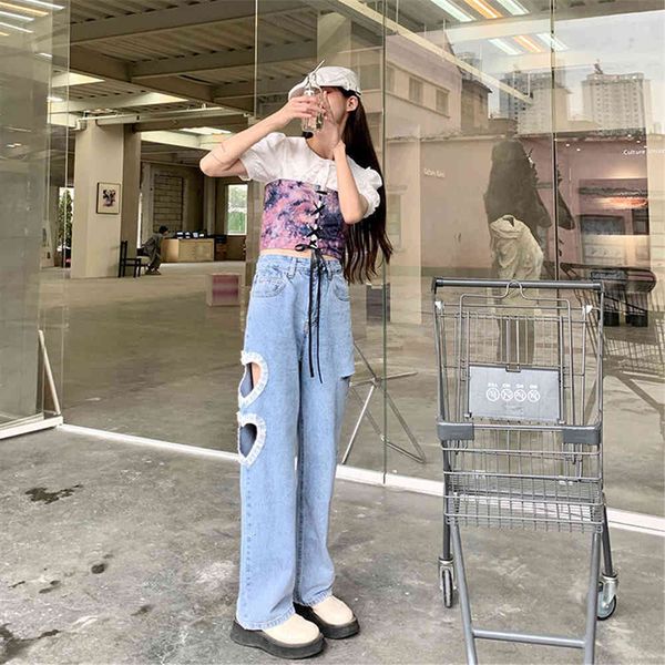 

women's jeans sweet hollow heart out of the loop torn seam leg wide korean asymmetric female brim kawaii pants pretty high-waii i2xc, Blue