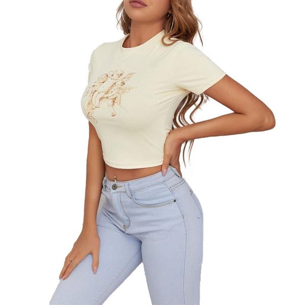 

women's t-shirt summer women fashion casual slim crop adults cartoon print short sleeve round neck, White