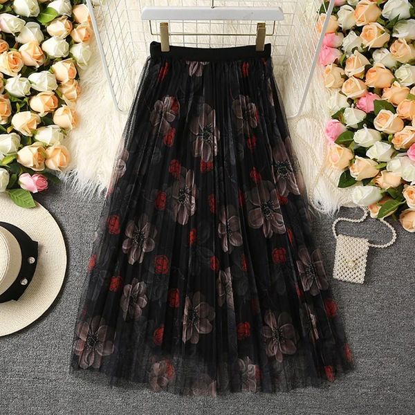 

summer midi skirt women tulle skirts mesh vintage yarn pleated double layer unique print high waist womens, Black