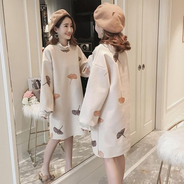 

maternity dresses autumn winter thicken warm woolen coats velvet loose dress clothes for pregnant women fashion pregnancy outwear, White