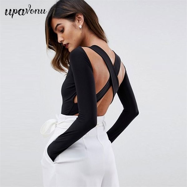 Livre Chic Mulheres Longa Manga Halter Backless Jumpsuit Sexy Black Bodycon Elegante Senhoras Top 210524