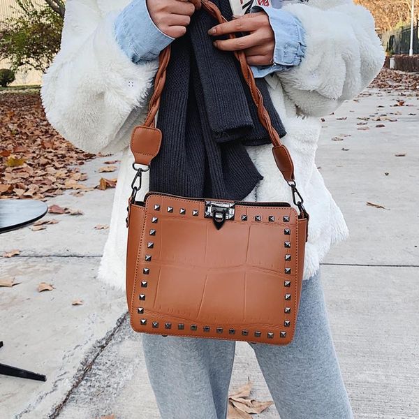 

evening bags vintage rivet leather crossbody for women luxury designer lock handbag female fashion stone pattern shoulder composite bag