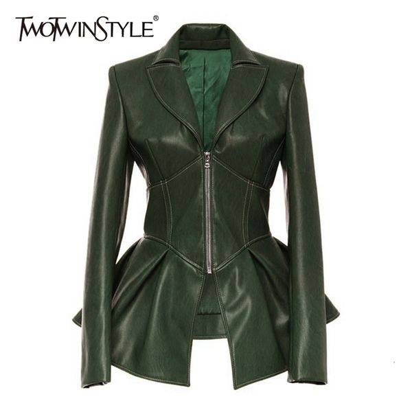 

pu leather patchwork zipper jacket for women lapel long sleeve casual elegant jackets female fashionable 210524, Black