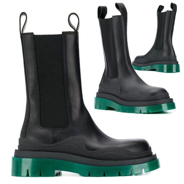 

aaa++ black light green soles bottega boot tire rubber-trimmed leather chelsea booties men platform chunky shoes lady knight high-boots wome