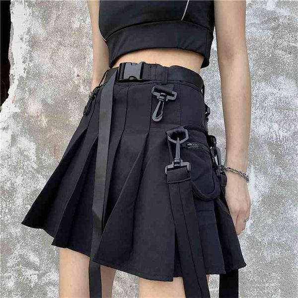 

gothic punk high waist vintage casual fashion women pocket summer hip hop harajuku a-line cargo plain pleated skirt 210629, Black