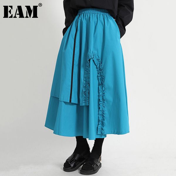 

[eam] high elastic waist blue irregular pleated layers long half-body skirt women fashion spring summer 1dd8677 210512, Black