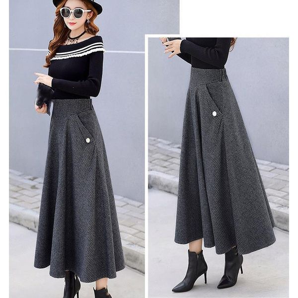 

skirts striped women winter woolen high waist office wool warm pleated long skirt casual ladies saia longa maxi, Black