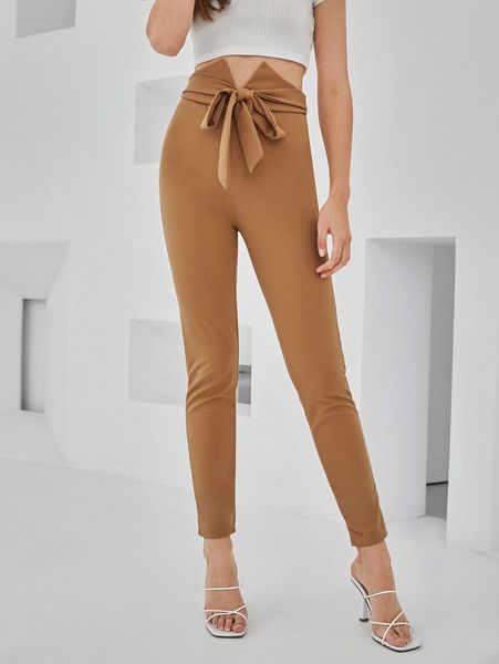 

asymmetrical waist belted skinny pants s32a#, Black;white