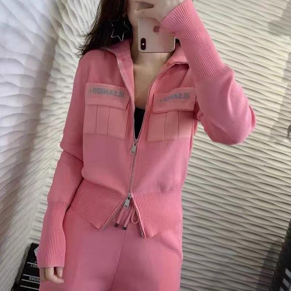 

women's two piece pants spring autumn ice silk knitted tracksuit women stand collar pockets zipper cardigan + elastic waist pencil 2 se, White