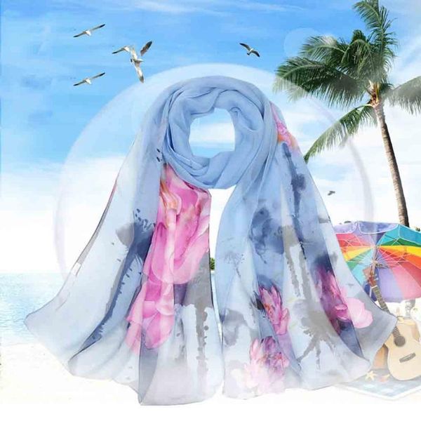 

scarves women scarf flower pattern square long and light silky, Blue;gray