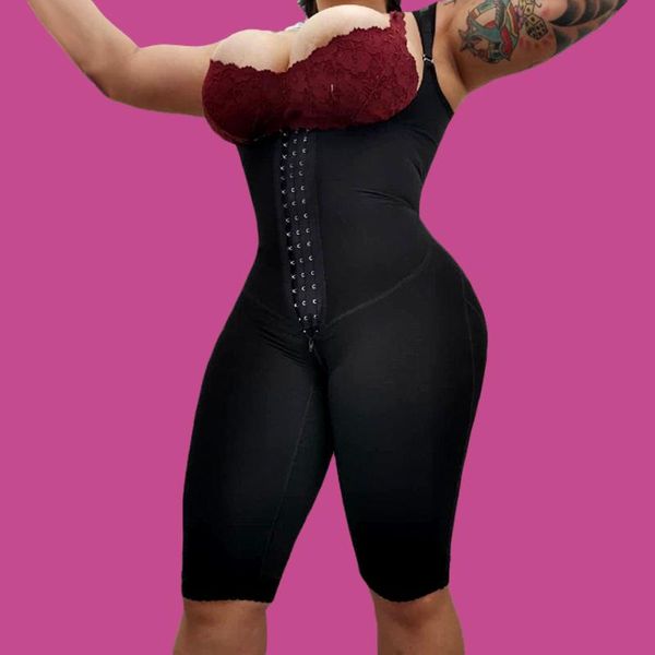 

women's shapers tummy trimmer body shaper double compression mid thigh full coverage fajas post parto shapewear bodysuit, Black;white