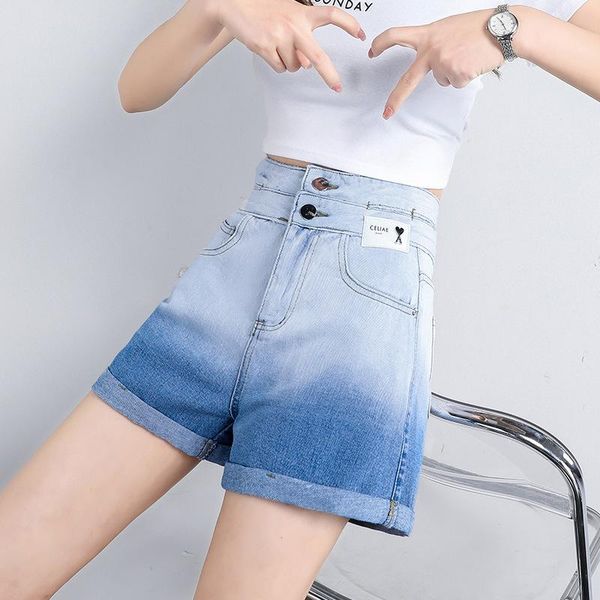 

women's shorts summer high waist women jeans short a-line straight gradient beach girls denim back hollow out bottom fold 2021, White;black