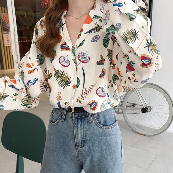 

pring womens shirt fruit and vegetable print blouse women chic notched shirts chiffon casual button up, White