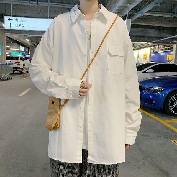 

men's casual shirts autumn black loose long-sleeved shirt korean version of the trend casual handsome jacket white 6vcc, White;black
