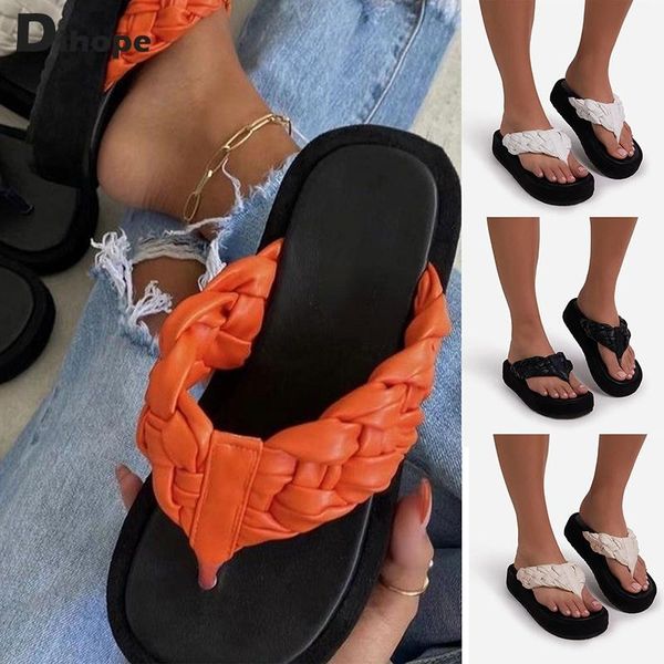 

slippers dihope woven flip-flops women's summer fashion ladies platform sandals comfortable beach shoes casual womens slides, Black
