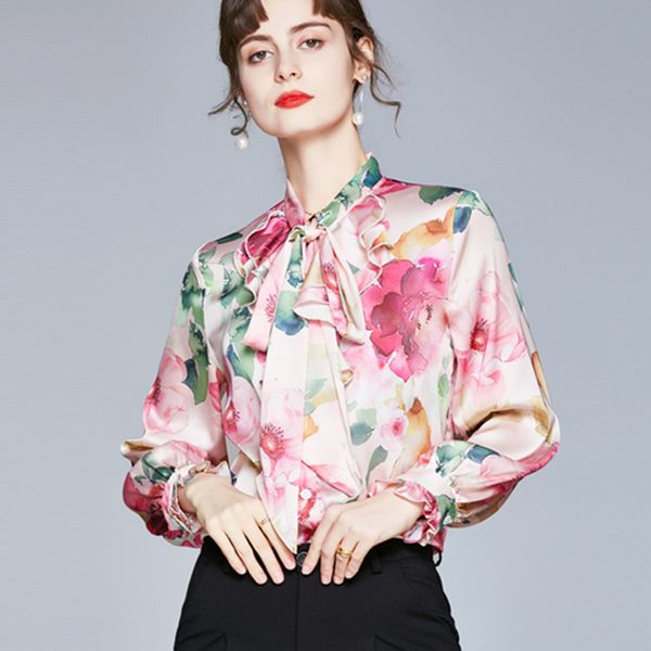 

korean women silk blouses satin shirt woman floral blouse long sleeve bow ladies print shirts plus size 210427, White