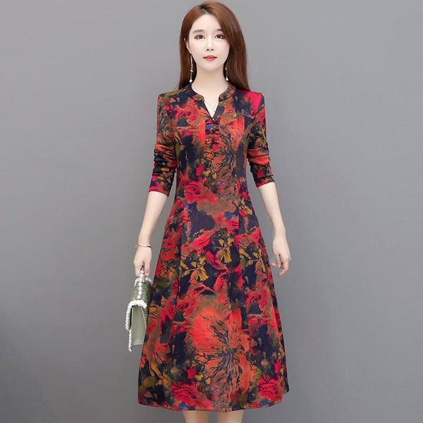 

tide women dress autumn vintage print long sleeve casual plus size v-neck a-line dresses, Black;gray