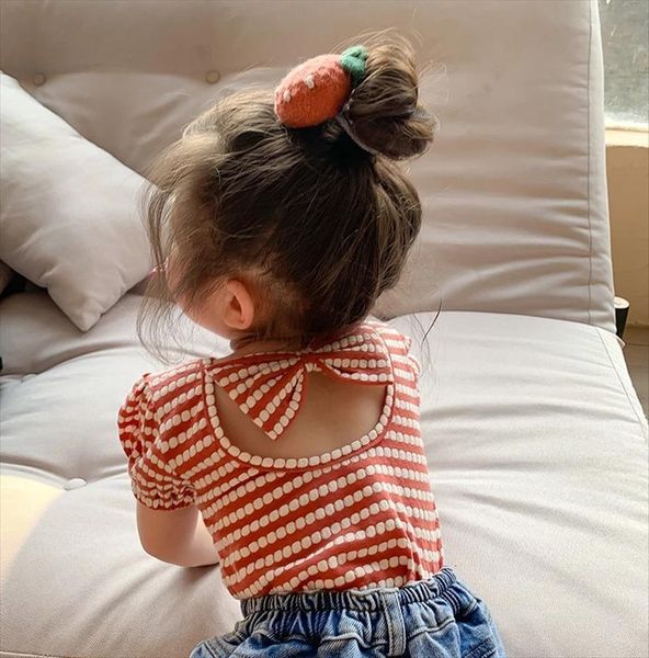 

summer korean style baby girls striped t shirts bowknot backless puff sleeve toddlers kids tees, Blue