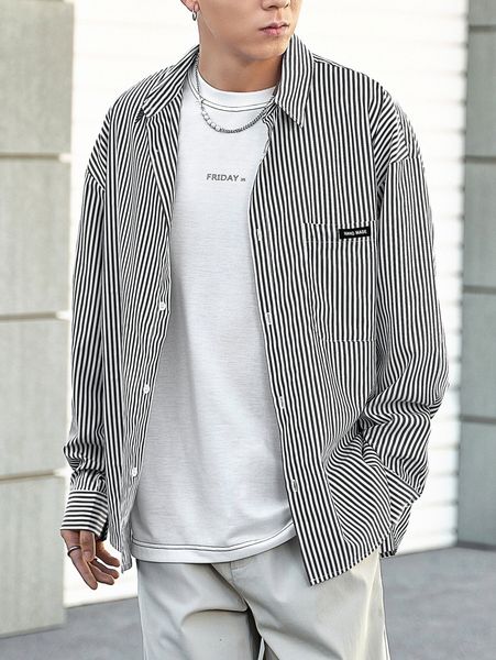 

men vertical striped letter patched drop shoulder shirt g2i6#, White;black