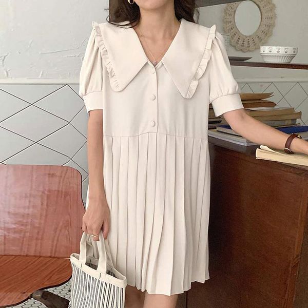 

casual dresses [ewq] korea chic trend women lapel single-breasted fashion loose lace-up puff sleeve pleated dress summer 2021 6e1766, Black;gray