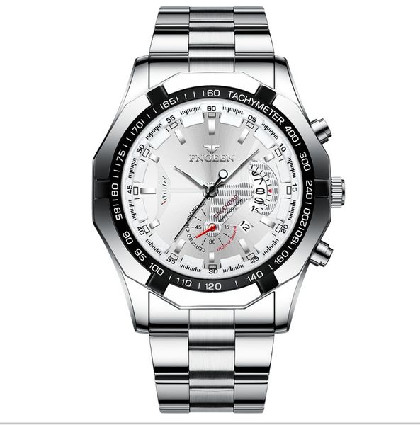 

fngeen brand white steel quartz mens watches crystal glass high definition luminous watch date 44mm diameter personality stylish man wristwa, Slivery;brown