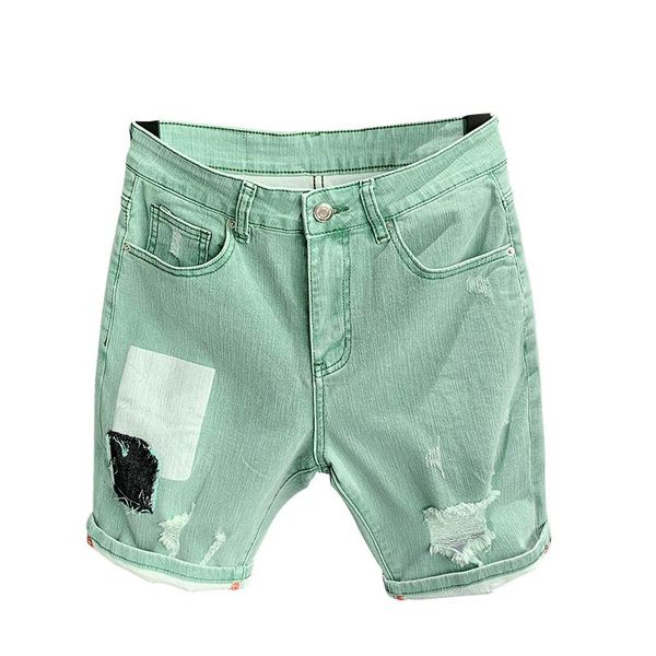 

summer men's personalized ripped green denim shorts casual fashion stitching stretch slim-fit short jeans male brand clothes, White;black