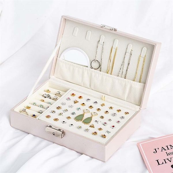 

double-layers pu leather jewelry box multifunction large for gifts necklace earring ring casket makeup storage organizer 211105, Black