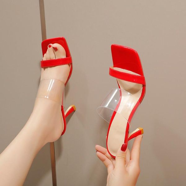 

slippers women high heel sandals fashion comfortable set foot transparent outdoor square head open toe patent leather, Black