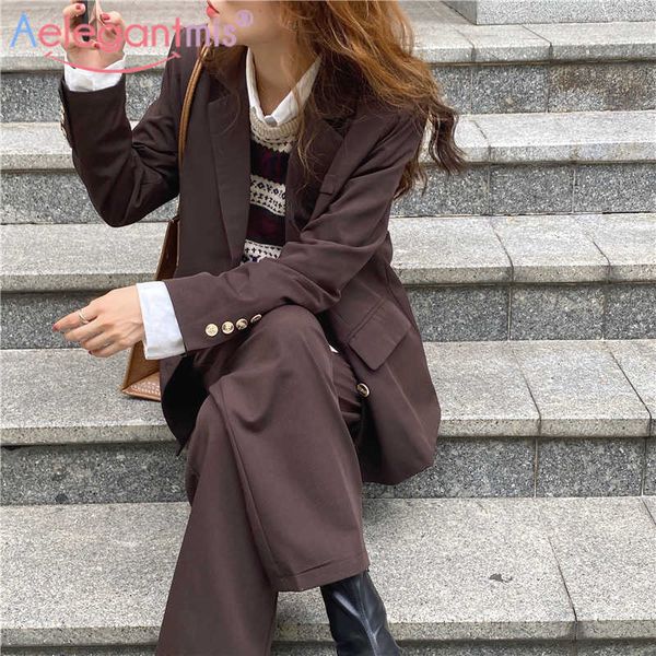 Aelegantmis Office Lady Donna Casual Suit Blazer 2 pezzi Set Primavera Set femminile di alta qualità OL Pantaloni da lavoro Corea 210607