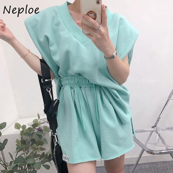 

women's tracksuits neploe korean chic women two piece set v neck sleeveless drawstring high waist shorts casual all-match sportswear s, Gray