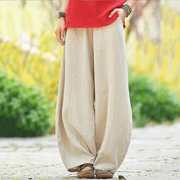 

women's pants & capris wide legs cotton linen elastic waist casual lady bloomers spring autumn fashion for women trousers, Black;white