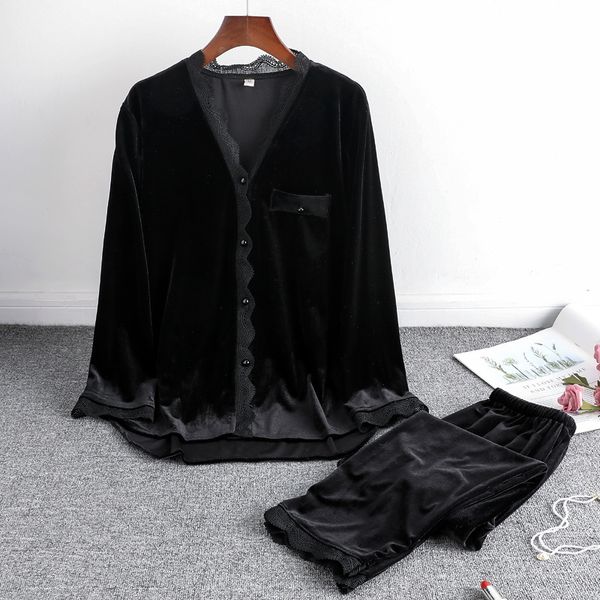 

2021lisacmvpnel gold velvet keep warm women pajama set lace long sleeve suit pyjamas, Black;red