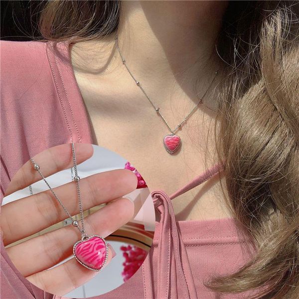 

pendant necklaces pink leopard print heart necklace cool heart-shaped stone women choker layered basic collar jewelry accessories, Silver